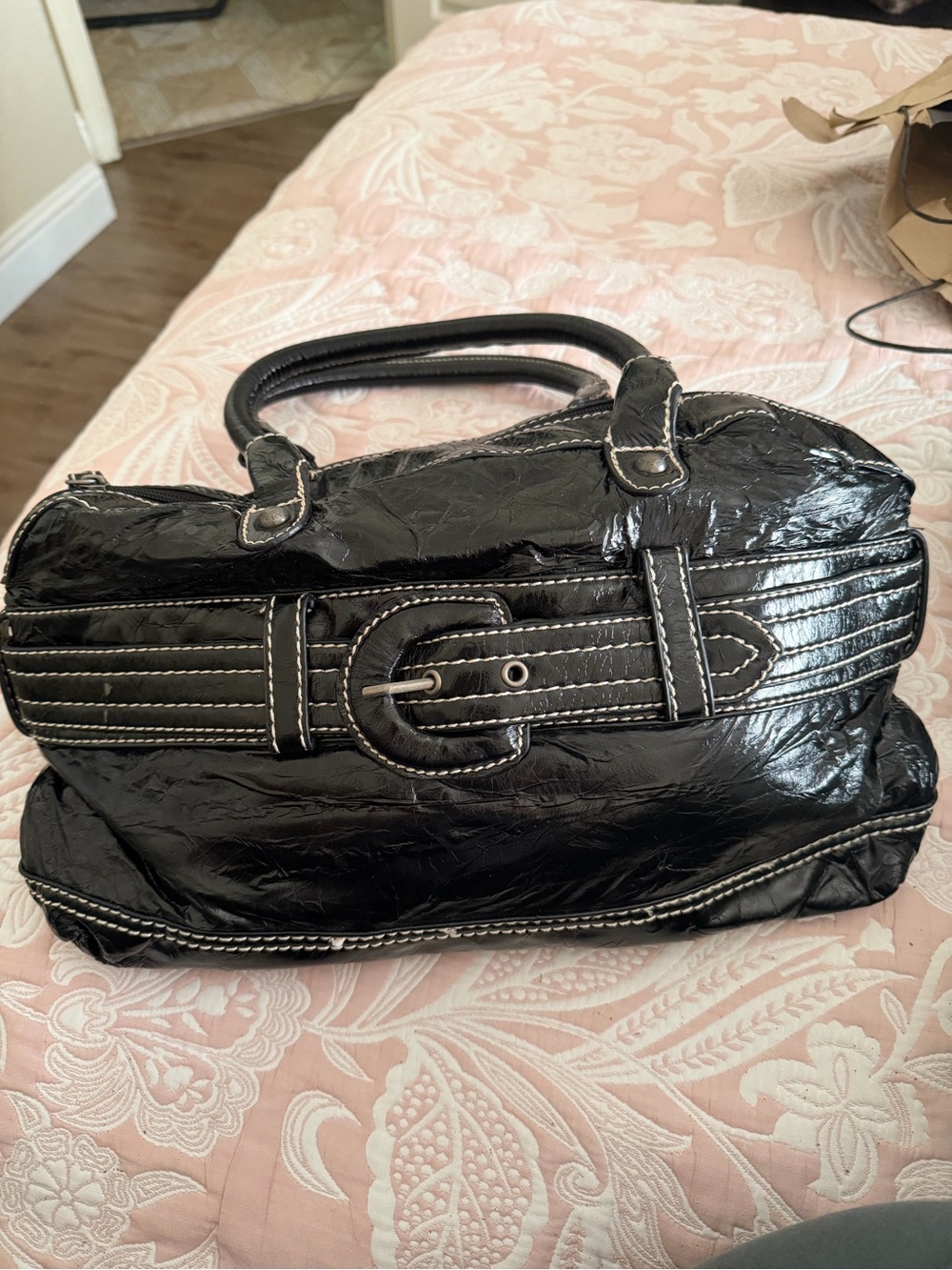 Vintage Marc Ecko Black Patent Shoulder Bag with Contrast Stitching
